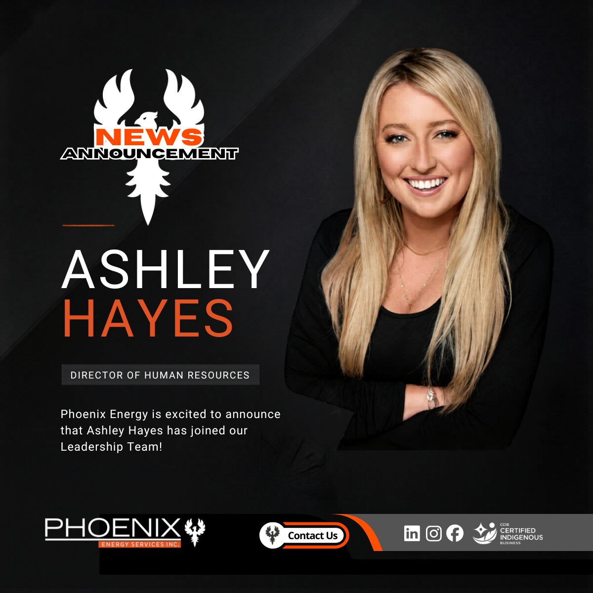 Congratulating Ashley Hayes on her new role as Director of Human Resources at Phoenix Energy Services Inc.